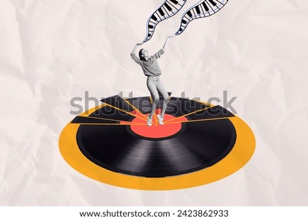 Creative abstract template graphics collage image of carefree lady enjoying piano music isolated beige color background
