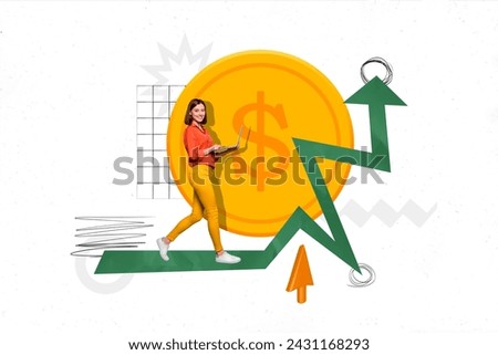 Creative abstract template graphics collage image of confident lady walking earning money modern device isolated white color background