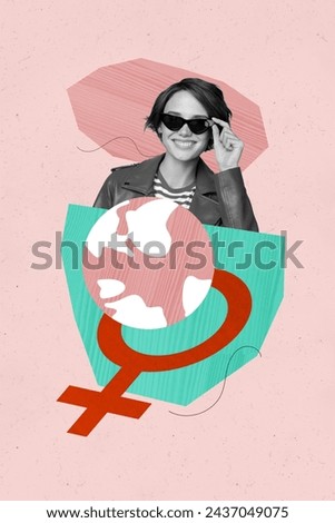 Creative abstract template graphics collage image of happy smiling lady celebrating international women day isolated pink color background