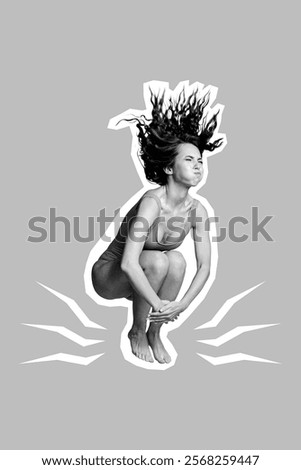 Creative abstract template graphics collage image of funny lady jumping diving water bloated cheeks isolated drawing background