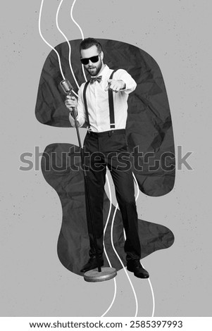 Creative abstract template graphics collage image of cool confident guy singing karaoke isolated drawing background