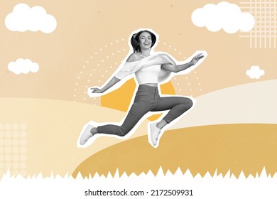 Creative abstract template graphics image of black white visual effect lady walking outdoors isolated beige drawing background
