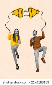Creative abstract template graphics image of boyfriend girlfriend typing devices unplugged socket isolated beige drawing background