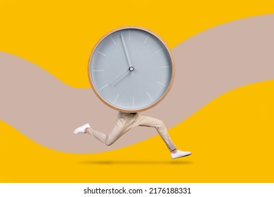 Creative abstract template graphics image of funny funky guy clock instead of body isolated orange beige drawing background