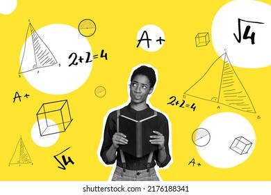 Creative Abstract Template Graphics Image Of Intelligent Lady Learning Math Isolated Yellow Drawing Background