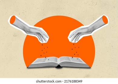 Creative abstract template graphics image of arms throwing letters open dictionary isolated erange beige drawing background - Shutterstock ID 2176188349
