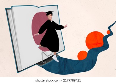 Creative abstract template graphics image of excited happy girl finishing college walking big book isolated drawing background - Powered by Shutterstock