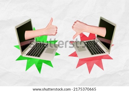 Creative abstract template graphics image of modern devices arms showing like dislike gestures isolated beige drawing background