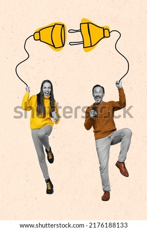 Creative abstract template graphics image of boyfriend girlfriend typing devices unplugged socket isolated beige drawing background