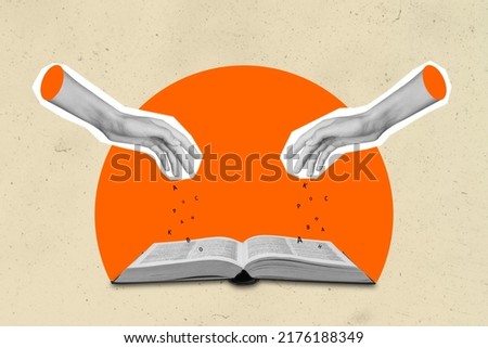 Creative abstract template graphics image of arms throwing letters open dictionary isolated erange beige drawing background