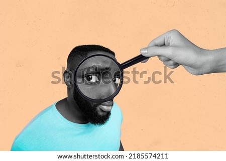 Creative abstract template graphics image of funny guy looking holding arm palm enlarging glass isolated drawing background
