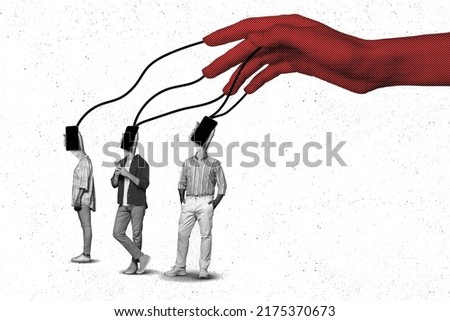 Creative abstract template graphics of scary red arm hanging ropes people puppets devices instead head isolated beige drawing background