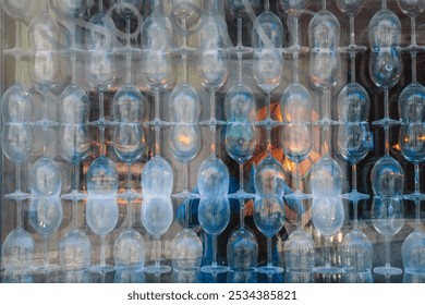 a creative and abstract visual effect, where multiple layers of transparent glasses (possibly wine glasses) are stacked or arranged in a repetitive grid pattern