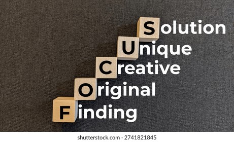 Creative Acronym Defining Focus As Finding Original Creative Unique Solutions.Lettered tiles arranged to show 