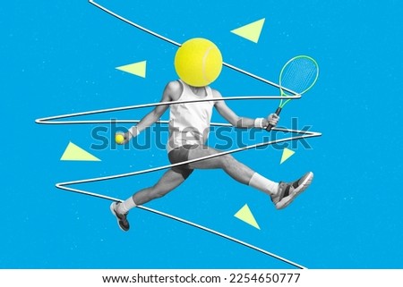 Creative advert poster collage of weird guy with tennis ball playing game advertise sport professional gear
