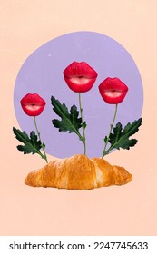 Creative advertisement picture photo collage template baked french fresh croissant growing caricature lips plant kissing isolated beige background