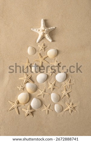 Creative alternative Christmas tree made of seashells and starfish on sandy background. Beach and holiday themes, coastal festive feel.