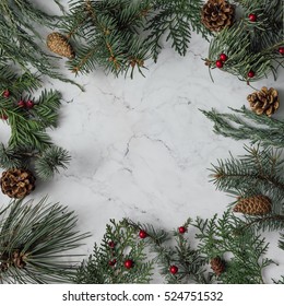 Creative Arrangement Of Christmas Winter Foliage. Holiday Background. Flat Lay.