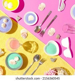 Creative Arrangement Made Of Various Beach Picnic Elements. Summer Scene With Sunny Day Shadows. Outdoor Lifestyle Concept. Flat Lay Aesthetic.