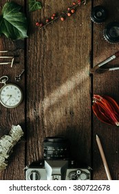 Creative arrangement of things with camera. Flat lay