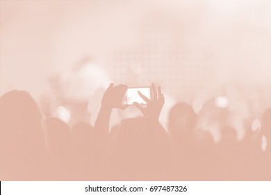 Creative Art Background. Hand With Smartphone Records Live Music Festival, Taking Photo Of Concert Stage Live Concert Luxury Party In Facebook Live. Smartphone Records Live Music Concert Festival