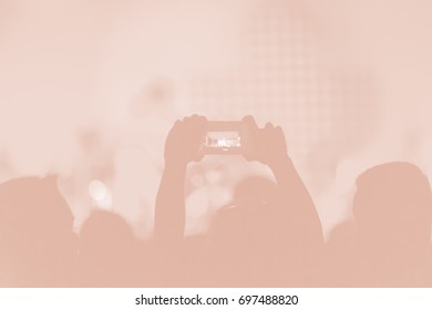 Creative Art Background. Hand With Smartphone Records Live Music Festival, Taking Photo Of Concert Stage Live Concert Luxury Party In Facebook Live. Smartphone Records Live Music Concert Festival. 