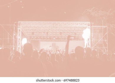 Creative Art Background. Hand With Smartphone Records Live Music Festival, Taking Photo Of Concert Stage Live Concert Luxury Party In Facebook Live. Smartphone Records Live Music Concert Festival. 