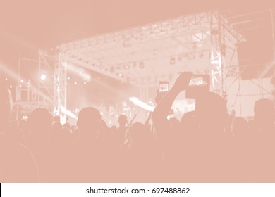 Creative Art Background. Hand With Smartphone Records Live Music Festival, Taking Photo Of Concert Stage Live Concert Luxury Party In Facebook Live. Smartphone Records Live Music Concert Festival. 