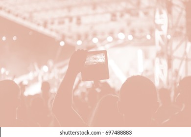 Creative Art Background. Hand With Smartphone Records Live Music Festival, Taking Photo Of Concert Stage Live Concert Luxury Party In Facebook Live. Smartphone Records Live Music Concert Festival. 