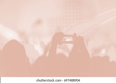 Creative Art Background. Hand With Smartphone Records Live Music Festival, Taking Photo Of Concert Stage Live Concert Luxury Party In Facebook Live. Smartphone Records Live Music Concert Festival. 