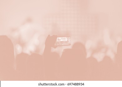 Creative Art Background. Hand With Smartphone Records Live Music Festival, Taking Photo Of Concert Stage Live Concert Luxury Party In Facebook Live. Smartphone Records Live Music Concert Festival. 