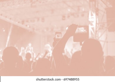 Creative Art Background. Hand With Smartphone Records Live Music Festival, Taking Photo Of Concert Stage Live Concert Luxury Party In Facebook Live. Smartphone Records Live Music Concert Festival. 