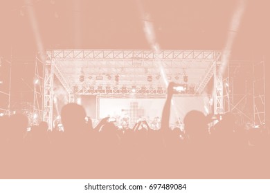 Creative Art Background. Hand With Smartphone Records Live Music Festival, Taking Photo Of Concert Stage Live Concert Luxury Party In Facebook Live. Smartphone Records Live Music Concert Festival. 