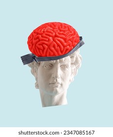 Creative art collage an ancient statue  with brain  flying out of its head. 