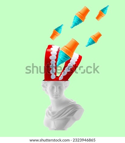 Creative art collage an ancient statue of a woman with jaw chewing ice cream cones flying out of her head.