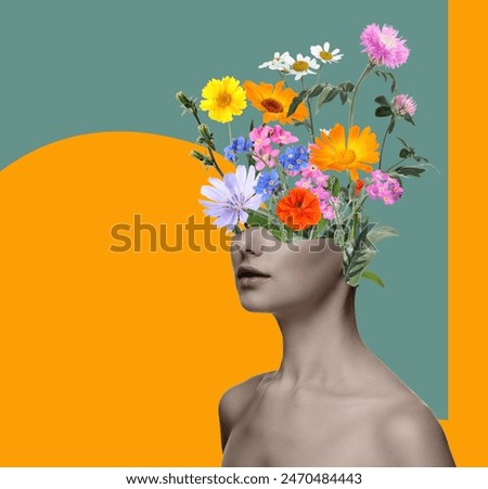 Similar – Foto Bild ein Mädchen mit blauen Augen und langem Haar, das sich mit einer Gerbera-Blüte bedeckt