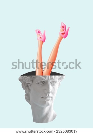 Creative art collage of David's head with female legs in pink shoes flying out of his head on blue background. Foot fetishism and sex addiction concept. 
