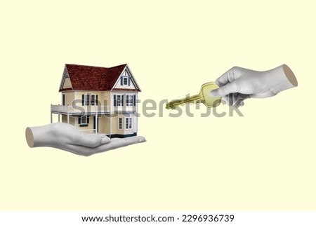 Creative art collage of hand with a key and house. The concept of protecting privacy. Housing security. Modern design. Copy space.