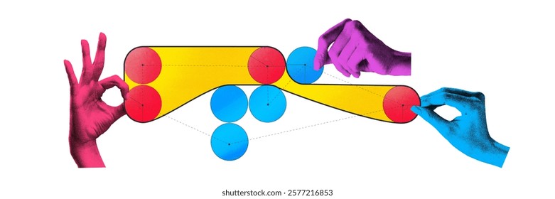 Creative art collage. Hands interact with complex network of connected circles and cylinders, illustrating dynamic system of interconnected processes in team. Concept of business,partnership.