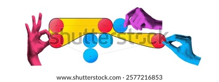 Creative art collage. Hands interact with complex network of connected circles and cylinders, illustrating dynamic system of interconnected processes in team. Concept of business,partnership.