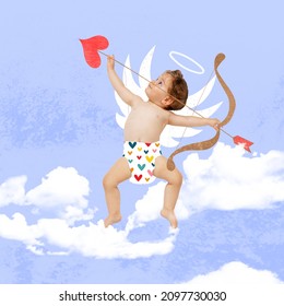 Creative Art Collage Of Little Boy, Toddler In Diaper In Character Of Cupid Sending Love Arrows Isolated Over Sky Background. Happy St. Valentine's Day. Concept Of Holiday, Childhood, Love, Ad