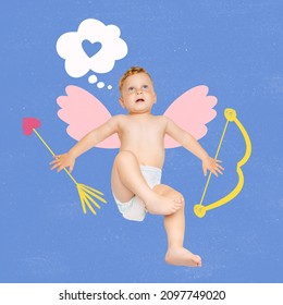 Creative Art Collage Of Little Boy, Toddler In Diaper In Character Of Cupid Sending Love Arrows Isolated Over Blue Background. Happy St. Valentine's Day. Concept Of Holiday, Childhood, Love, Ad