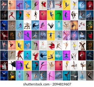 Creative art collage made of portraits of female and male ballet dancers in stage costumes dancing isolated on multicolored background. Concept of art, theater, beauty, aspiration, creativity