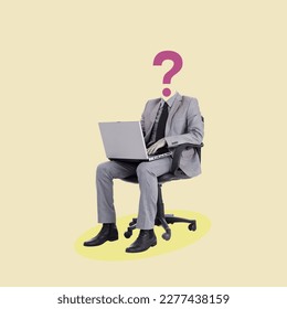 Creative Art collage of a man with a head shaped like a question mark sitting on an office chair with a laptop. Concept of business, ideas, professionalism and success. Copy space.