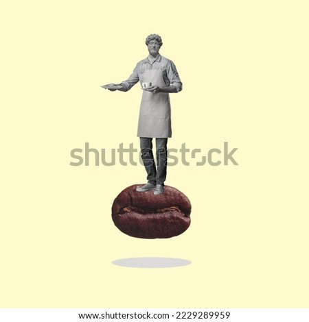 Creative art collage of a man headed by a statue head holding a cup and plate. It is coffee time. Waiter offering to take a break from work for rest. Copy space.
