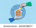 Creative art collage of Money saving,real estate investment, investing for home lone. hand holding miniature house and man hand inserting coin inside of miniature house