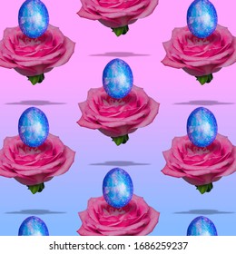 Creative art collage. Pattern of colored easter eggs hatch from a rose flower buds on gradient background. The effect of levitation.