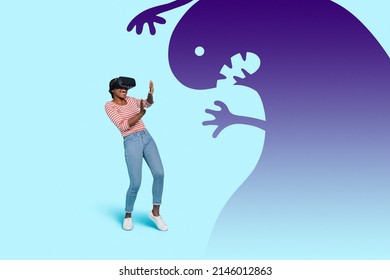 Creative Art Collage Of Scared Girl Play Vr Box Afraid Hug Painted Monster Nightmare Isolated Blue Color Background