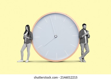 Creative Art Collage Of Two Millennials Stand By Big Clock Surf Net Phone Isolated Light Yellow Background