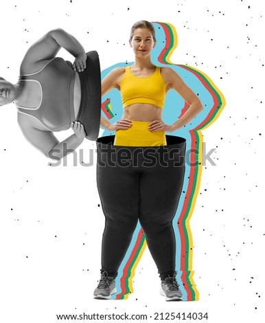 Creative art collage with young slim girl stick out from body of plus-size woman isolated on white background. Weight loss concept. Magazine style. Concept of healthy lifestyle, fitness, sport